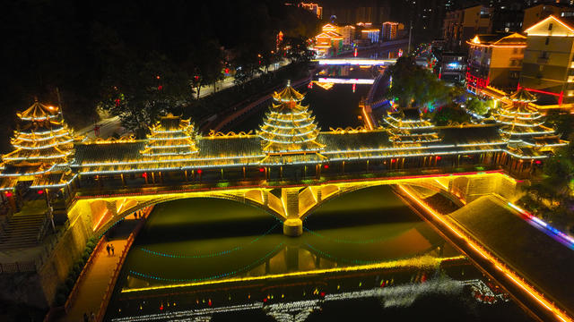 夜景、侗族、旅游、河流、水清岸绿