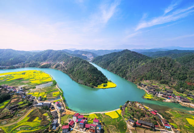 乡村 田园 山水风光 油菜花 湖 雾