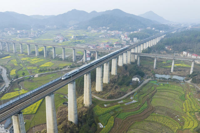 湖南娄底 油菜花 高铁列车 春天 沪昆高铁