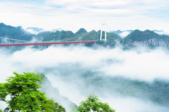 一场暴雨过后，吉首市矮寨大桥如架云海，车辆仿佛在云中穿行，异常壮观