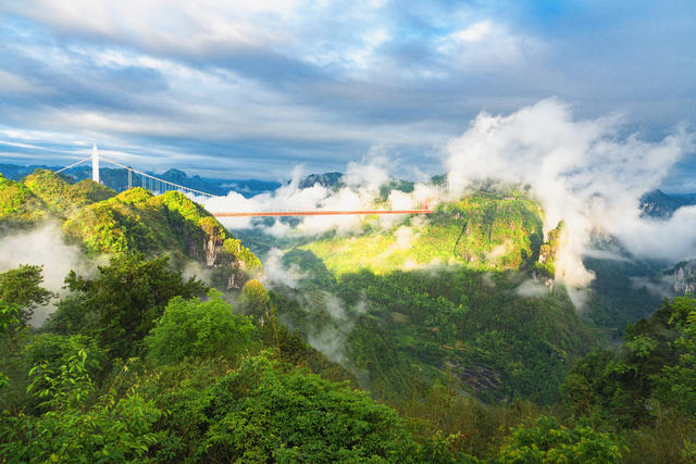 立夏  清晨阳光照耀，峡谷最绿，云飞雾荡，矮寨大桥如在画中