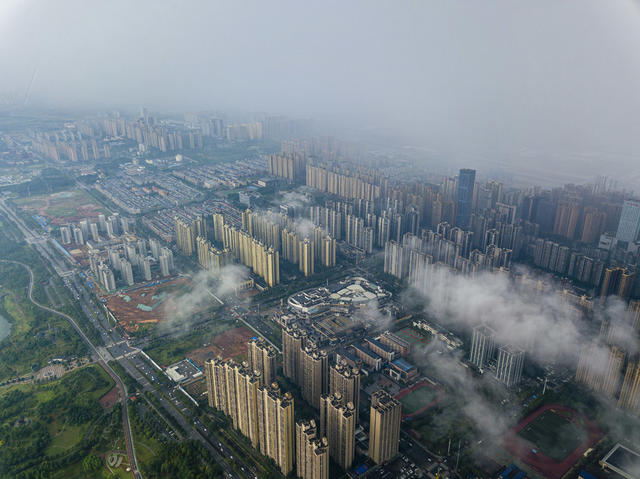 航拍 城市 天气 暴雨 强降水 长沙县 