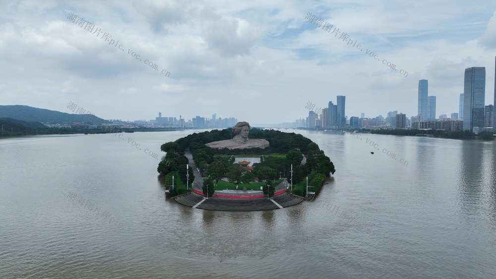 橘子洲头，洪水，航拍，暴雨