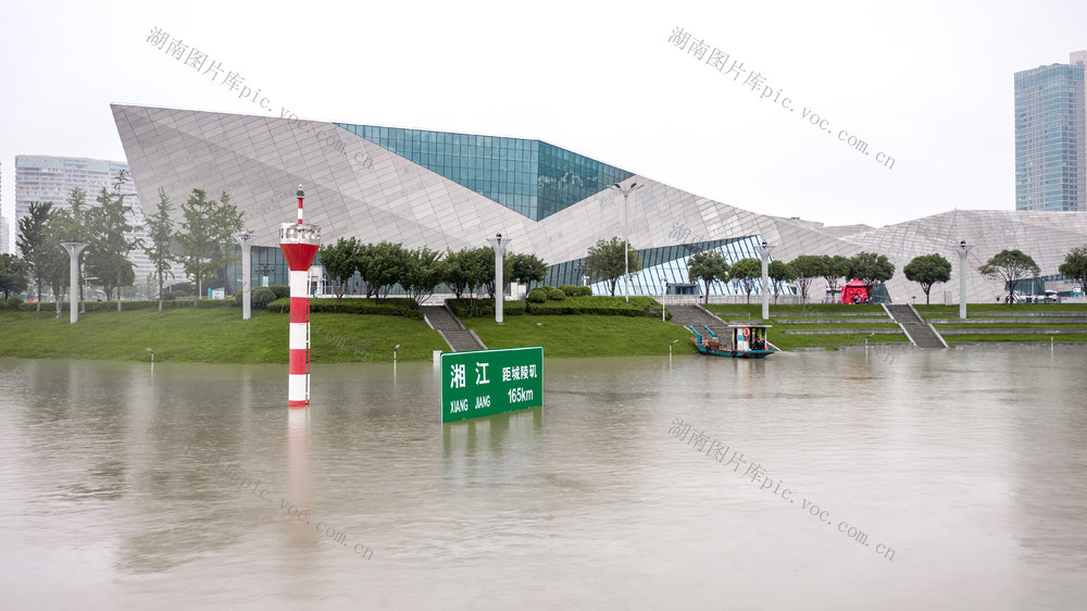 长沙湘江水位上涨航拍 长沙 湘江 北辰三角洲 长沙涨水 湘江