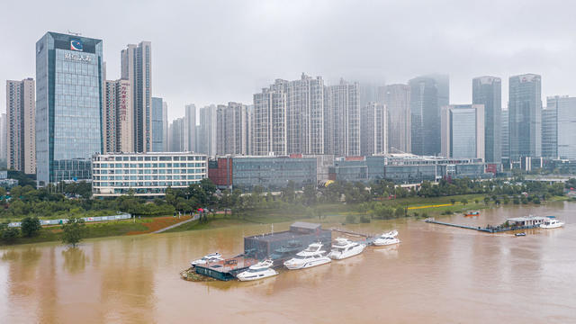 长沙湘江水位上涨航拍 长沙 湘江 北辰三角洲 长沙涨水 湘江
