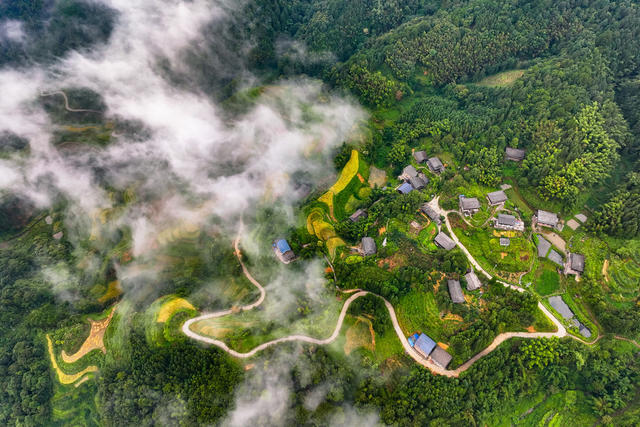 青山 绿水 乡村 村落 云雾