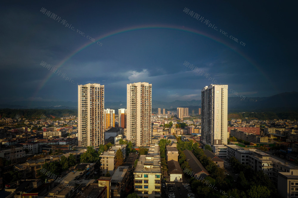 湖南，龙山，城市，彩虹，亮丽，楼房，夕阳，美不胜收