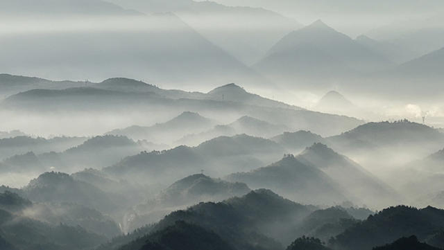 晨景 山村 水墨 画卷 