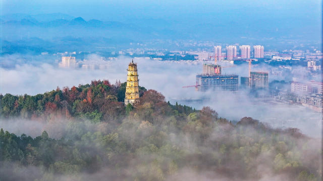 云雾  缭绕  古塔  生态  城市
