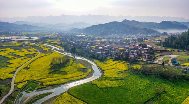 湖南，龙山，春色，油菜花，装扮，河流，田野，村庄，美丽
