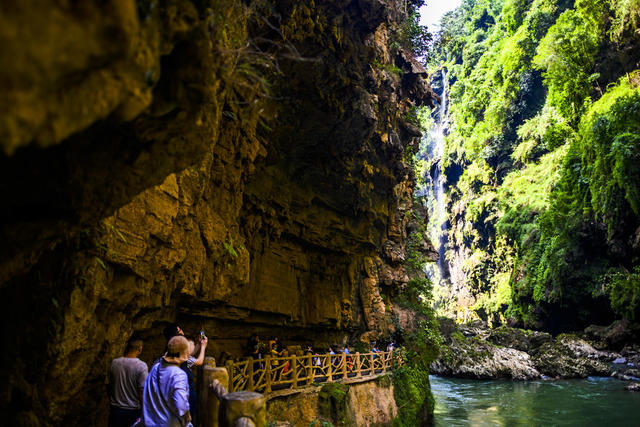 山谷 瀑布 树林 悬崖 植物 山峰 户外 小河 洞穴