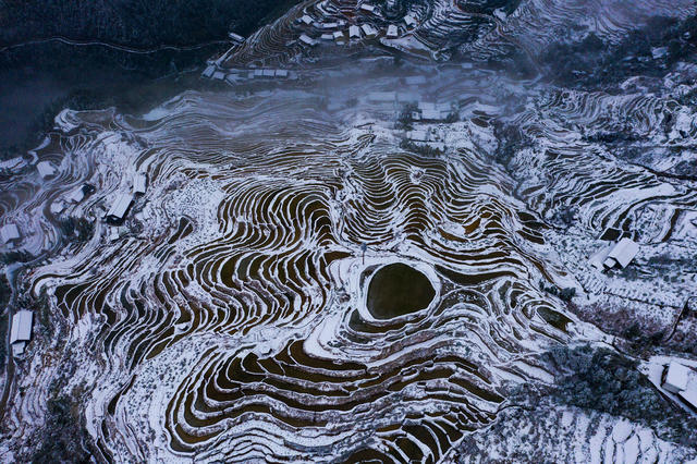 农村 旅游 梯田 冰雪 云雾