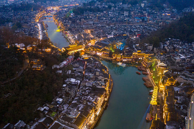 凤凰古城 凤凰县 夜景 沱江 航拍 湘西