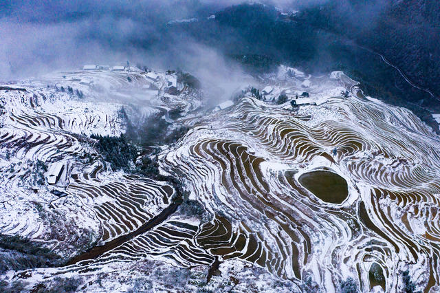 农村 旅游 梯田 冰雪 云雾