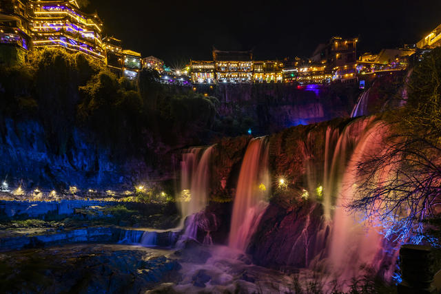 芙蓉镇 瀑布 夜景 旅游