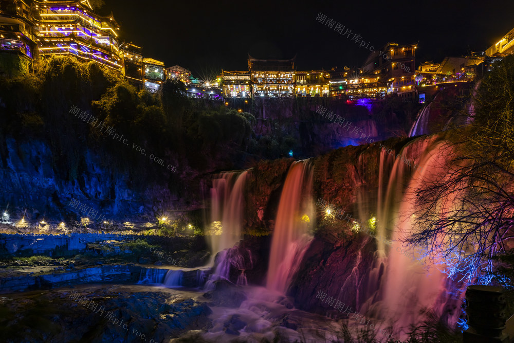 芙蓉镇 瀑布 夜景 旅游