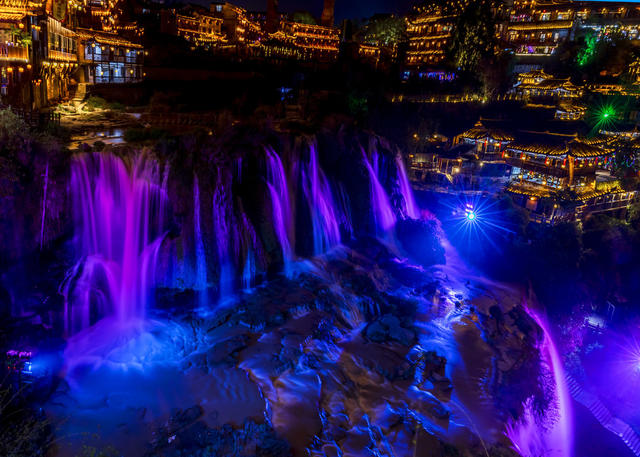 芙蓉镇 瀑布 夜景 旅游
