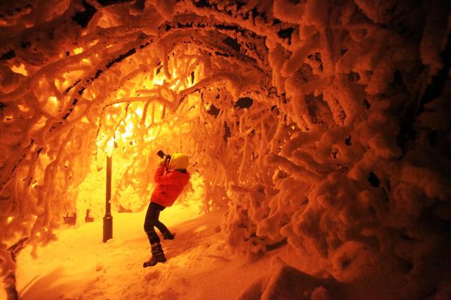 南岳衡山 衡山风光 路灯 暖阳  冰雪 雾凇 冰挂 雪景 人物 一个人 拍摄 摄影  路边  树枝  树木   晨曦山庄  日出  户外 上封寺 