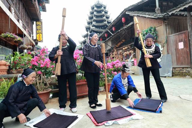 侗族 妇女 传统 捶打 天然 侗布 国庆 游客 体验 民俗 快乐