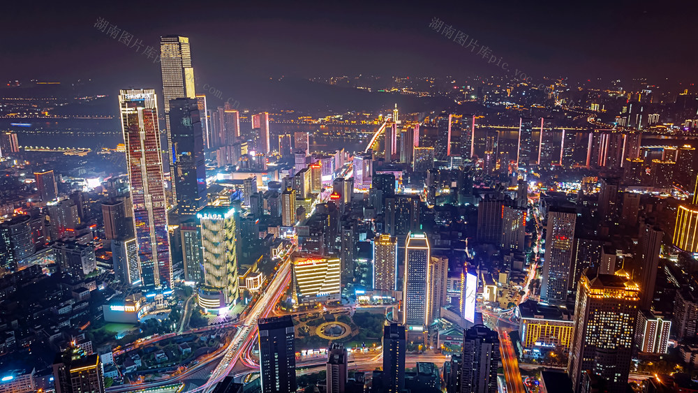 长沙 城市夜景 车流 航拍