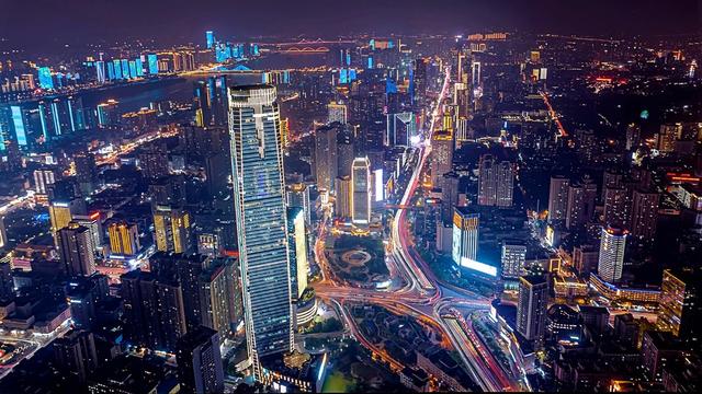 长沙 城市夜景 车流 航拍