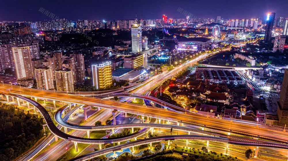 长沙  城市夜景  长时间曝光  车轨  航拍
