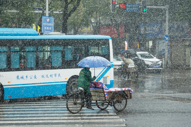 雪天  街道  寒冷  人  骑车