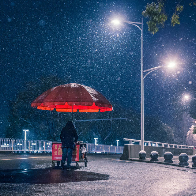 雪天  街道  寒冷  人  骑车