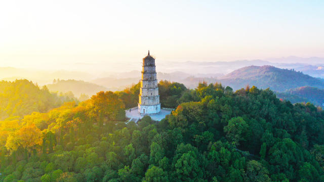 风景  山乡  冬景  古塔