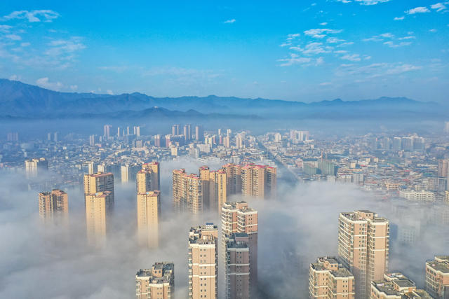 晨雾 云雾 风景 小城  平流雾 云海 气象 仙境 楼宇