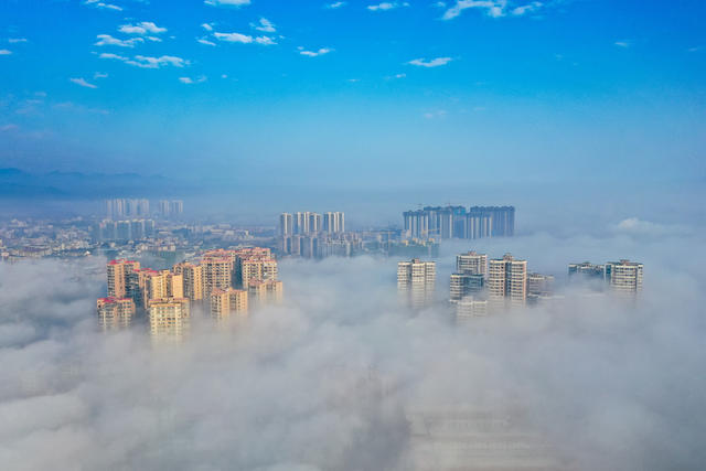 晨雾 云雾 风景 小城  平流雾 云海 气象 仙境 楼宇