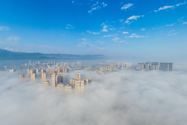 晨雾 云雾 风景 小城  平流雾 云海 气象 仙境 楼宇