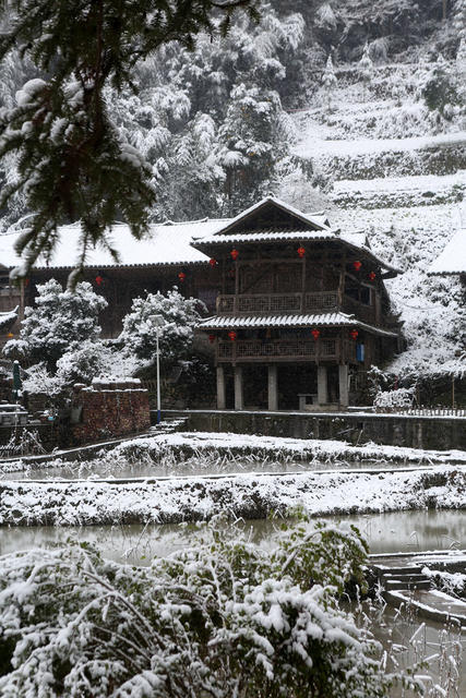 湖南，湘西，雪，土家族，山寨，古老，妖娆