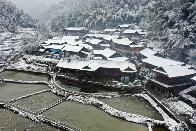 湖南，湘西，雪，土家族，山寨，古老，妖娆
