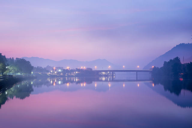 桥  浏阳河  清晨 晚上  风景  灯光