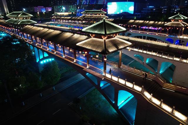 湘西 高新区 广场 民族 文化 市民 美丽 画卷 夜色 廊桥 