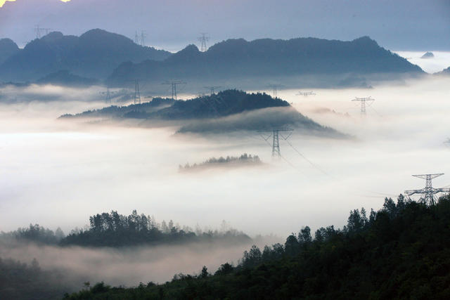 湖南,湘西,龙山,彩墨画,山乡,群山,晨雾,朝霞