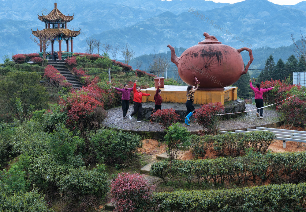 湖南桂东、万亩茶叶观光园、茶山、巨型茶壶、亭台、春色、游人、踏春、茶香、春日盛景、欢声笑语