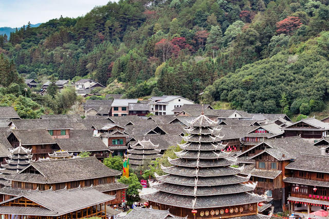 初冬 彩叶 古村 风雨桥 鼓楼