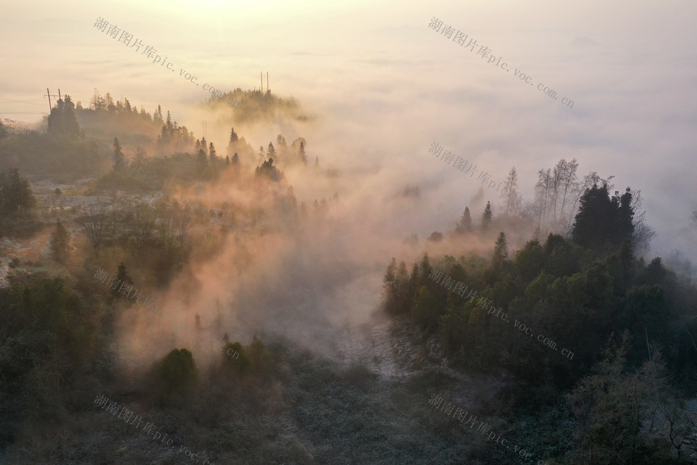 湖南，龙山，曙光，云雾，村庄，景美