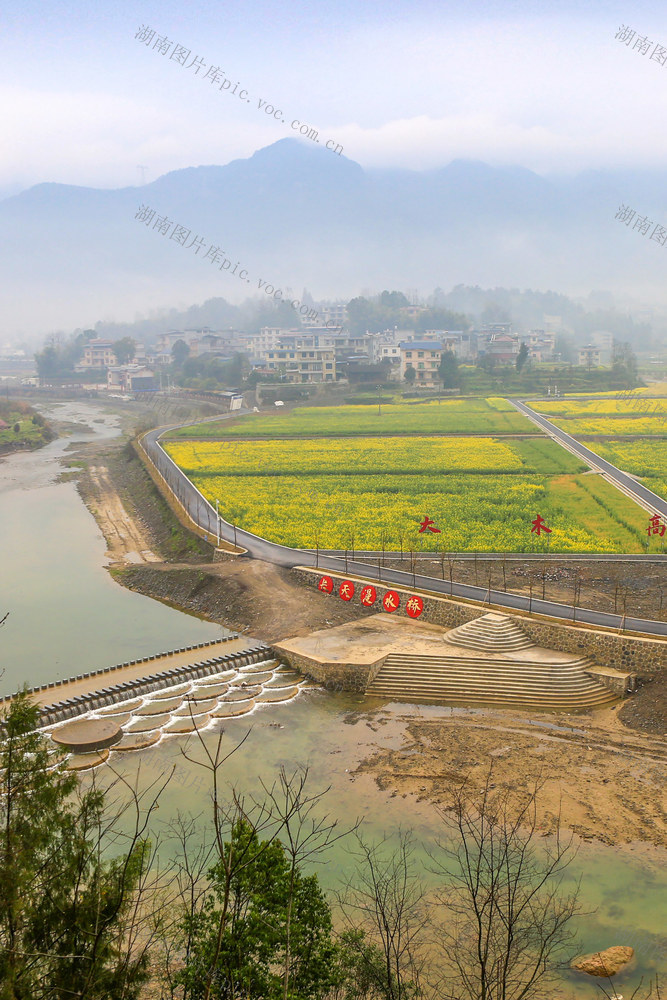 湖南，龙山，春天，山村，花朵，农田，河流，山峦，云雾，水墨画