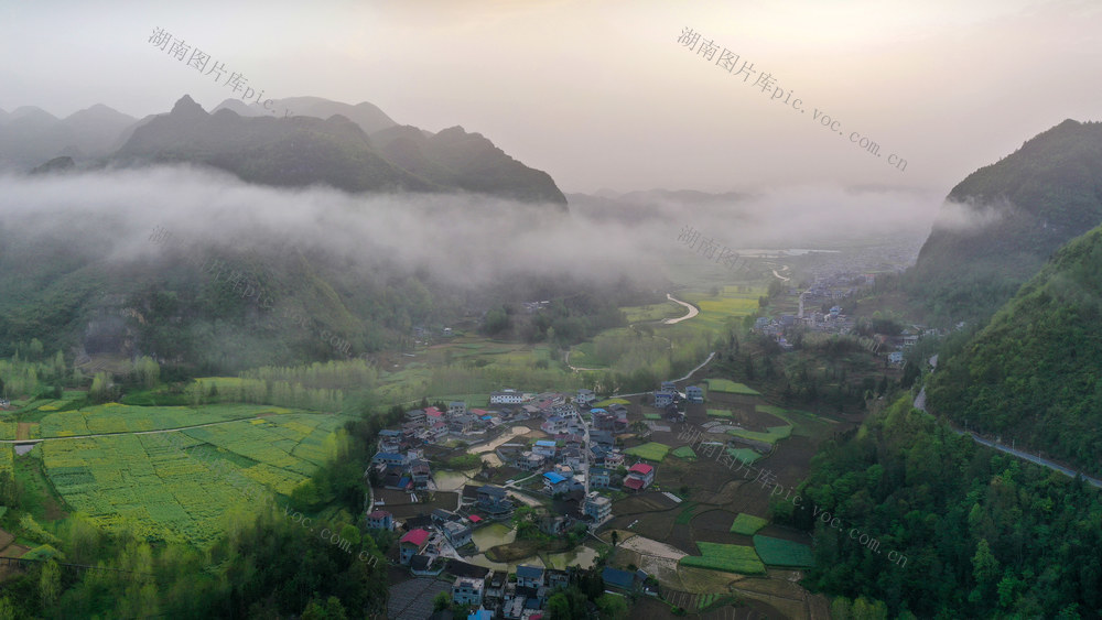 湖南，龙山，产业，乡村，云雾，小河，民居，油菜，丰收，画卷