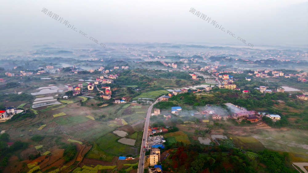 乡村 晨雾 画 公路 民居  田园
