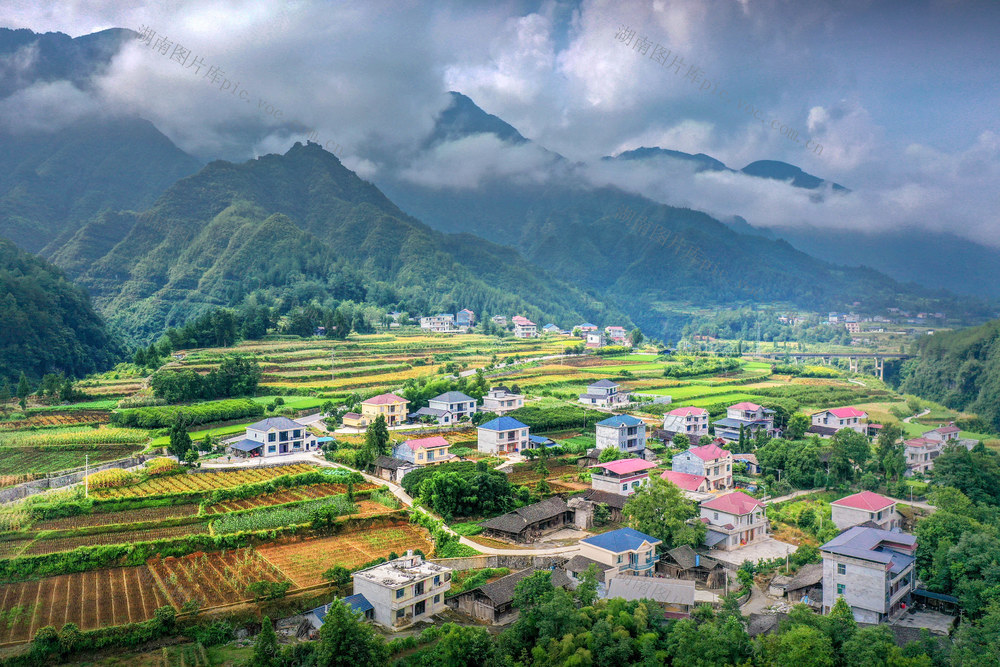 湖南，龙山，夏日，风景，如画，庄稼，晨雾，民居
