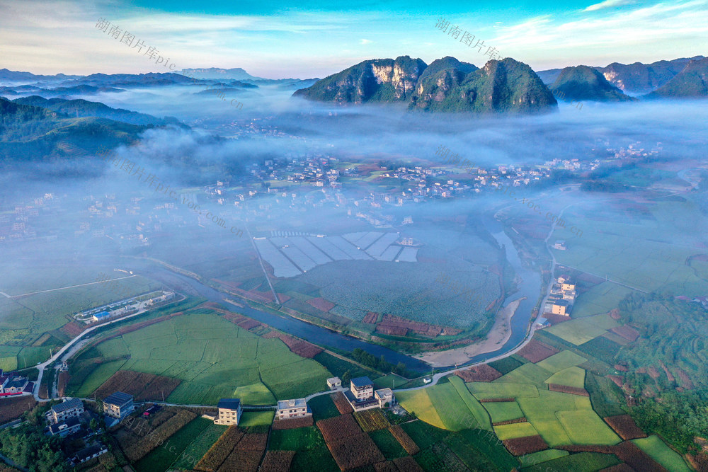 湖南，龙山，丰收，田野，晨雾，农作物，青黄，景象