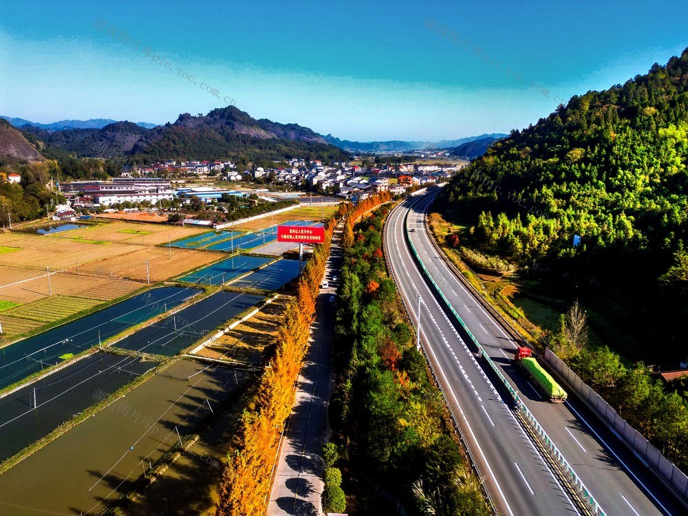 公路  树林  田园  民居  乡村 美丽 画卷