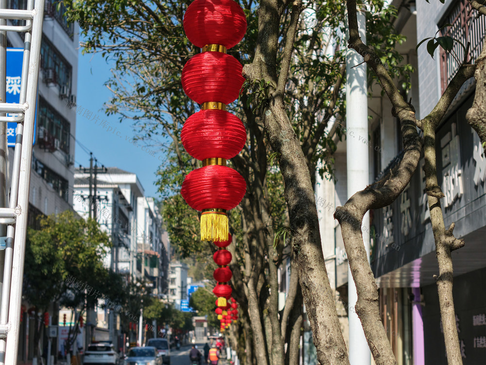 湖南桂东 双节 红灯笼 县城 绿树  年味
