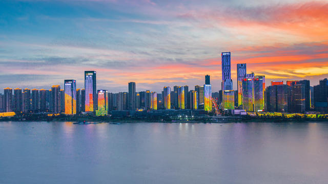 长沙日落 长沙晚霞 湘江 长沙湖南湘江中心 长沙城市航拍 长沙城市地标航拍全景