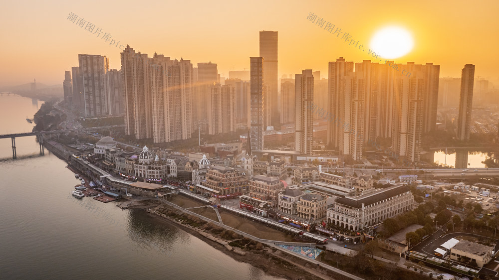 长沙渔人码头日落 长沙城市日落 长沙渔人码头 长沙城市航拍 长沙湘江