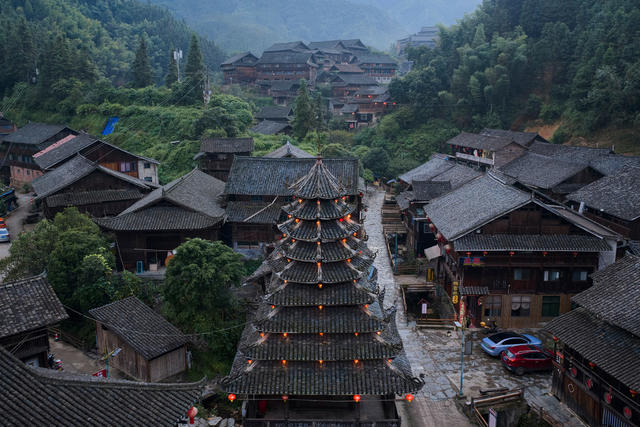 建筑 侗族 古村 晚霞 乡村